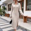 Knit Sweater Dress Women for Fall Winter, Ribbed Long Sleeve with Soft Midi Dresses Side Split, Solid Color Casual Collared V Neck
