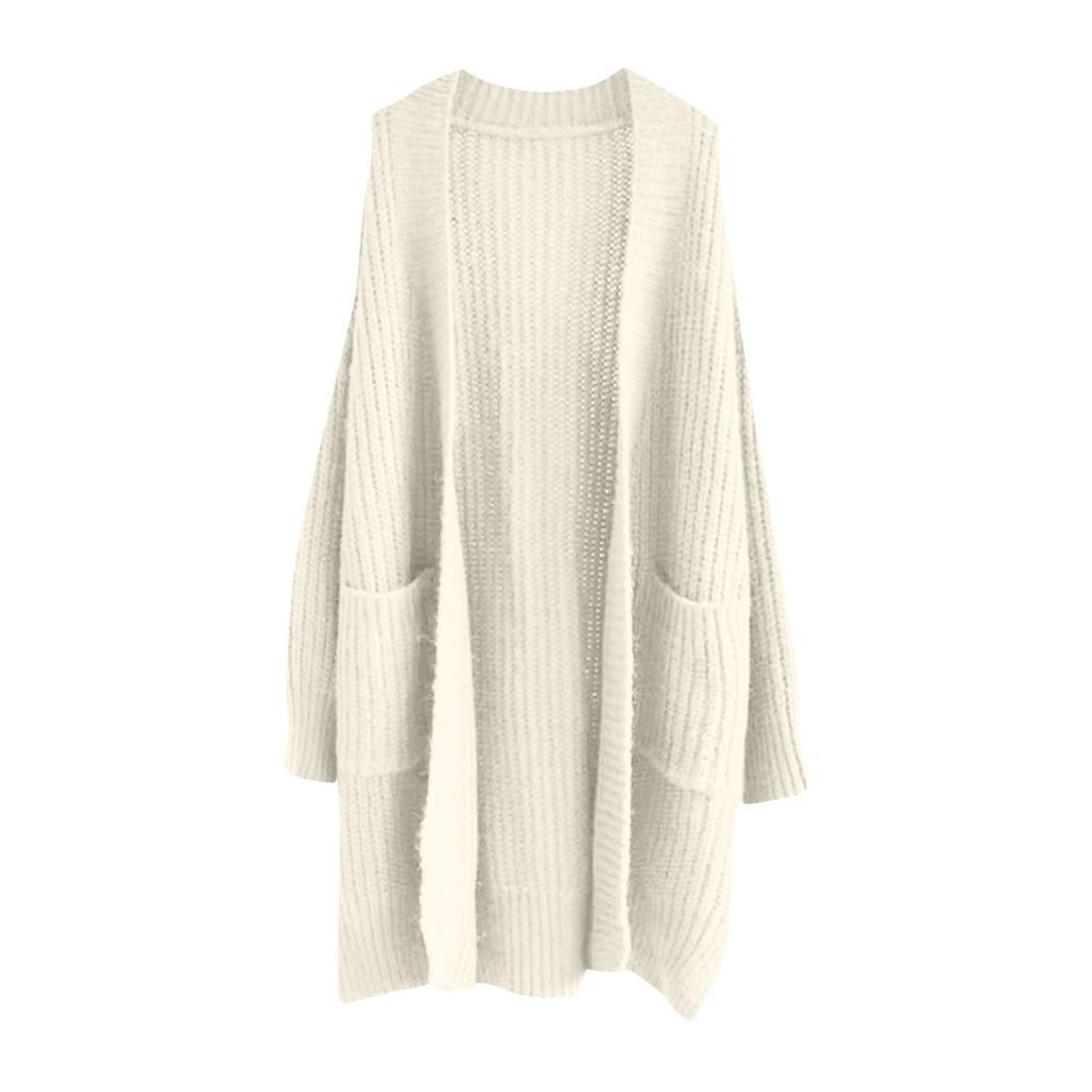 Women's Solid Color Long Sleeved Knee Length Knitted Cardigan, Lazy Trend, Medium Long Hair Jacket