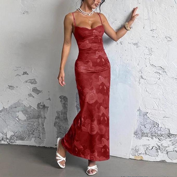 Women's Sleeveless Slim Fit Printed Lace Camisole Pleated Long Dress