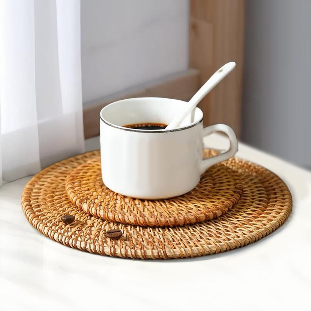 Set of 2 Rattan Natural Insulated Hot Pot Handwoven Rattan Trinket Insulated Pads for and Handmade Natural Coasters Set of Heat-Resistant Trivets,