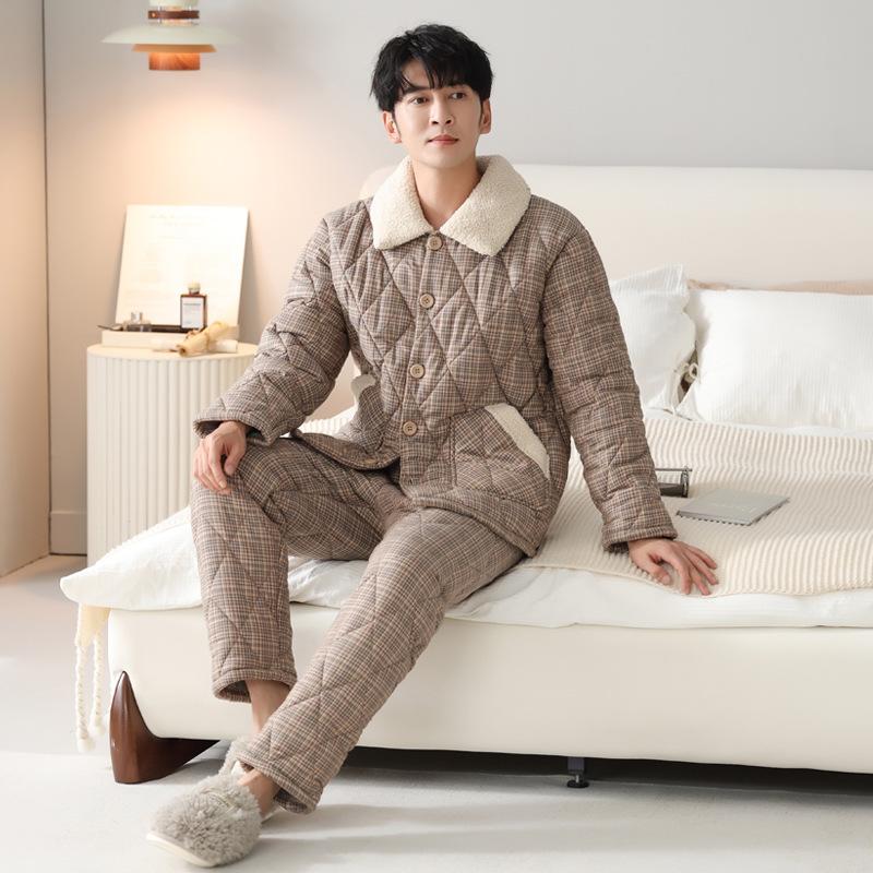 Pajamas Men'S Winter Three-Layer Thickened Fleece Woven Cotton-Padded Jacket Men'S Autumn And Winter Coral Fleece Loungewear