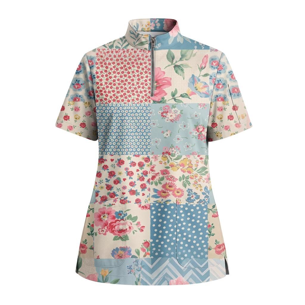 Women's Short Sleeved Printed V-neck Buttonable Side Slit Top T-shirt