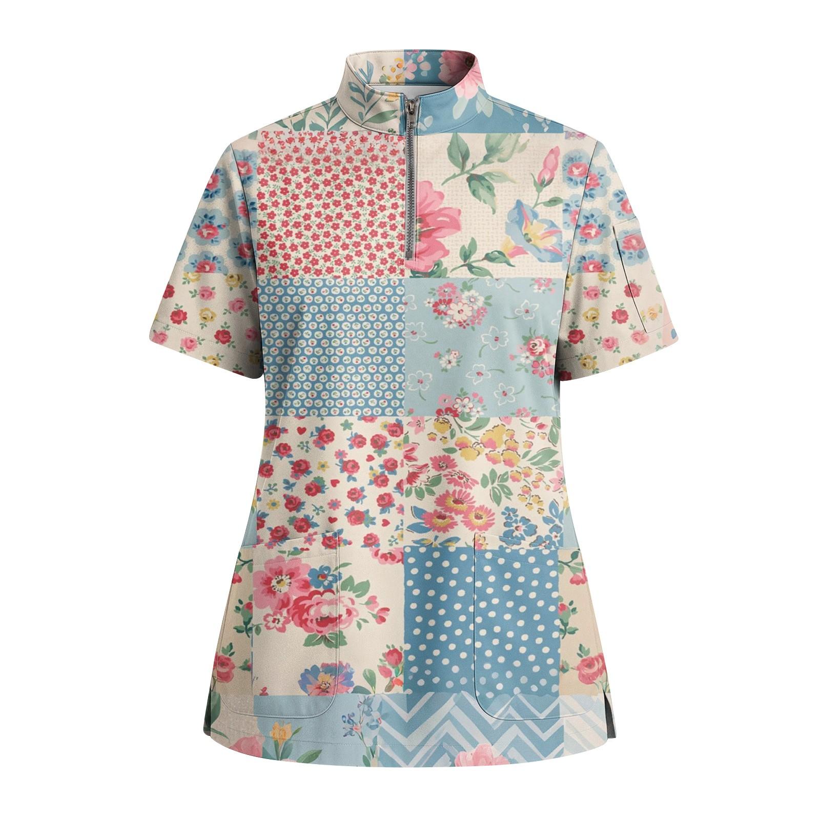 

Women s Short Sleeved Printed V-neck Buttonable Side Slit Top T-shirt XXXXL