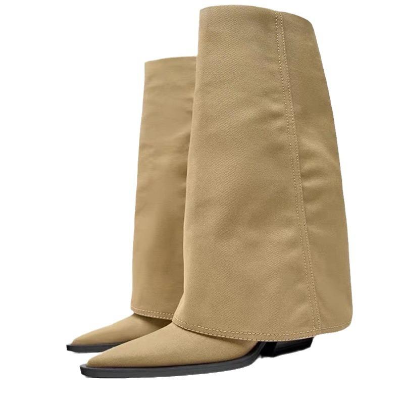 Leather Niche Pointed Heel Thick Heel But Knee Pant Pants Boots Women's Autumn and Winter Long Boots Straight Knight Boots Western Cowboy Boots