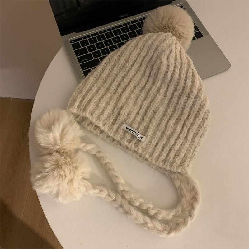 

Серая шапка-бини с кисточкой из мехового помпона, женская, новая, осенне-зимняя, теплая и ветрозащитная, с защитой ушей, шапка для большого обхвата головы, модная M（56-58cm）