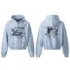 Unisex Oversized Hooded Zip-Up Sweatshirt With Vintage Graffiti Print Cotton Blend Fall Casual Wear
