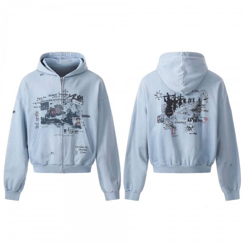 Unisex Oversized Hooded Zip-Up Sweatshirt With Vintage Graffiti Print Cotton Blend Fall Casual Wear