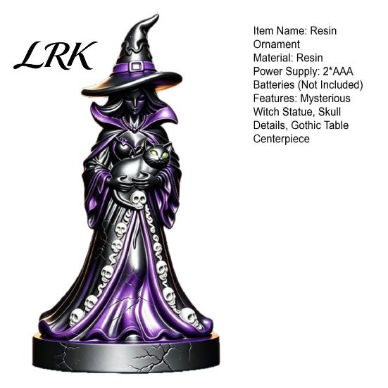 Industrial Decor Statue Lighted Witch Figurine, Holding Black Cat Statue, Gothic Skull Pattern Table Centerpiece Sculpture with LED Lights for