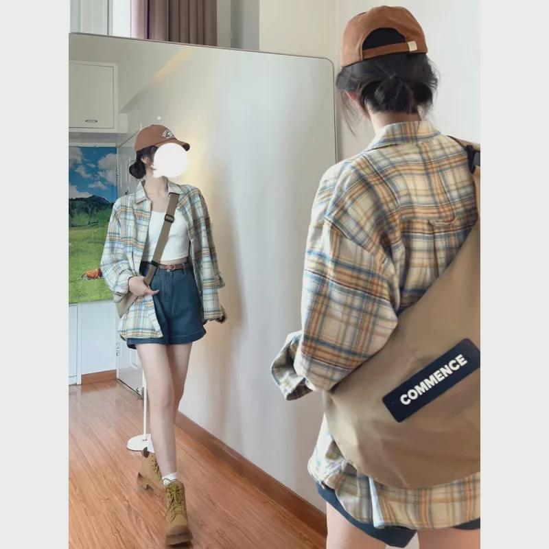 Women's Korean-Style Plaid Shirt Jacket - Early Autumn, Loose Fit, Long-Sleeved, Retro Design