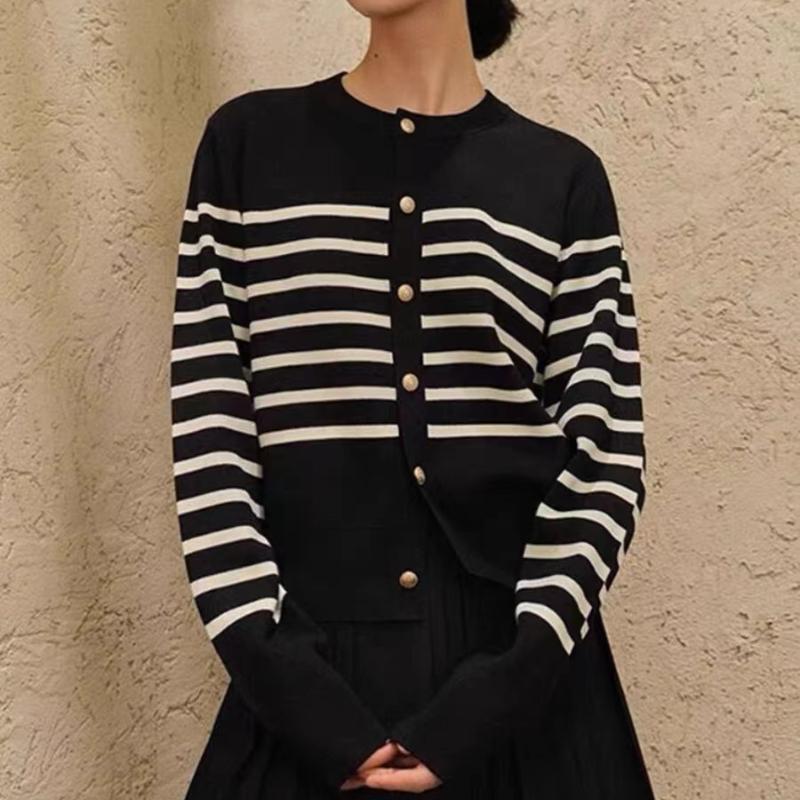 

Винтажный женский полосатый вязаный кардиган свитер осень новый повседневный зимний длинный рукав элегантные кардиганы круглый вырез простой теплый трикотажный свитер 24832 One Size чёрный