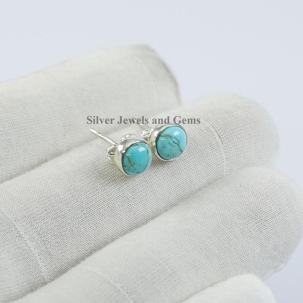 Round Turquoise Stud Earrings, Arizona Turquoise Studs, Tiny Stud Earrings, 925 Sterling Silver Studs, Gift for Daughter