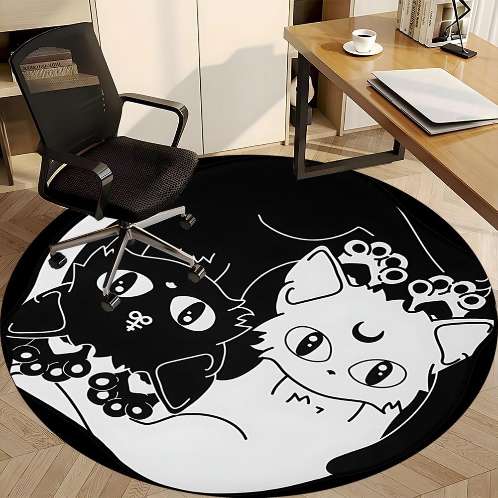 1pc Yin Yang Black White Cats Office Round Area Rug, Indoor Mat Suitable For Office, Under Office Chairs Bedroom Living Room Home Decor, Room Deco