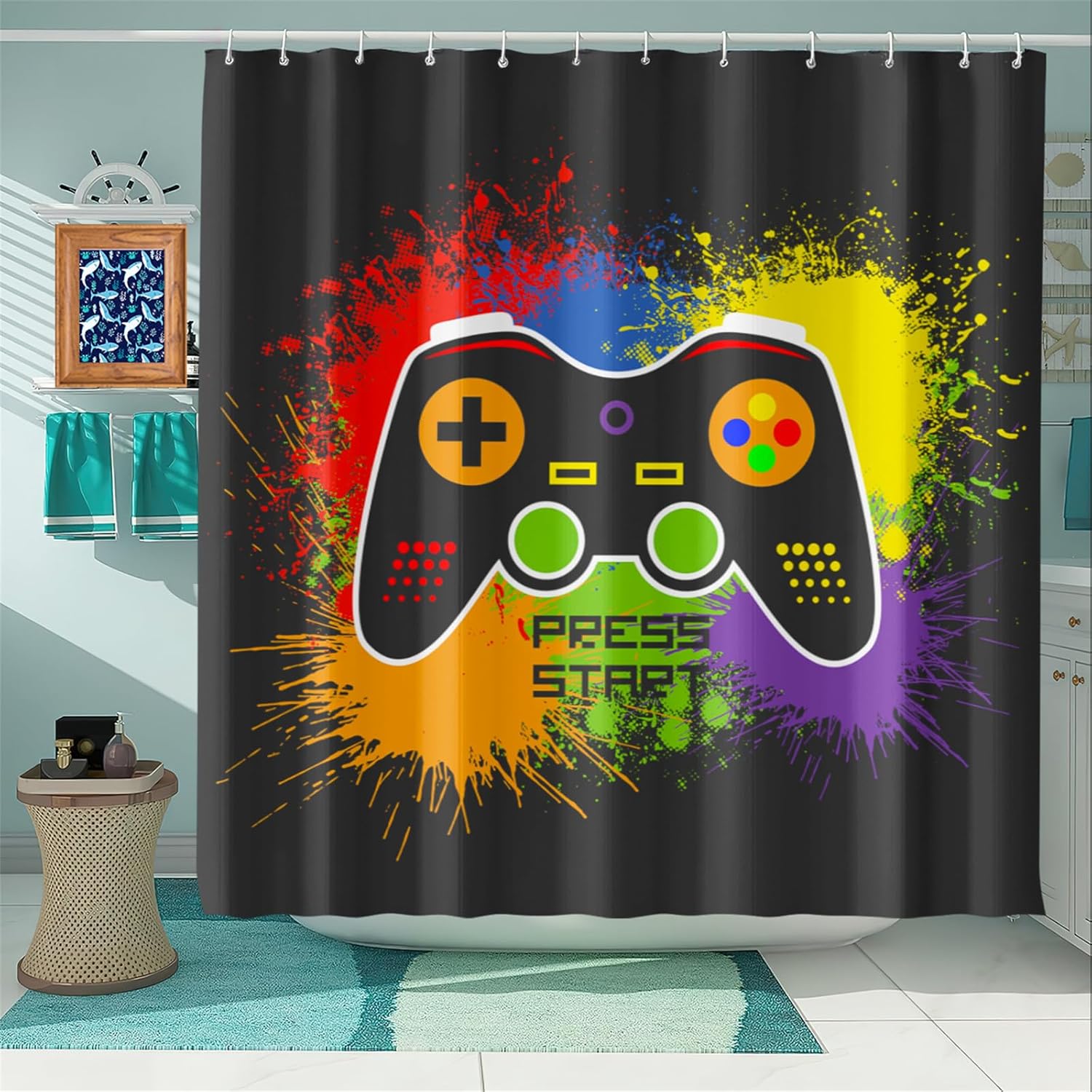 

Boy room video gamepad printed shower curtain, toilet bathroom bathtub decorative shower curtain with 12 hooks W90xH180cm