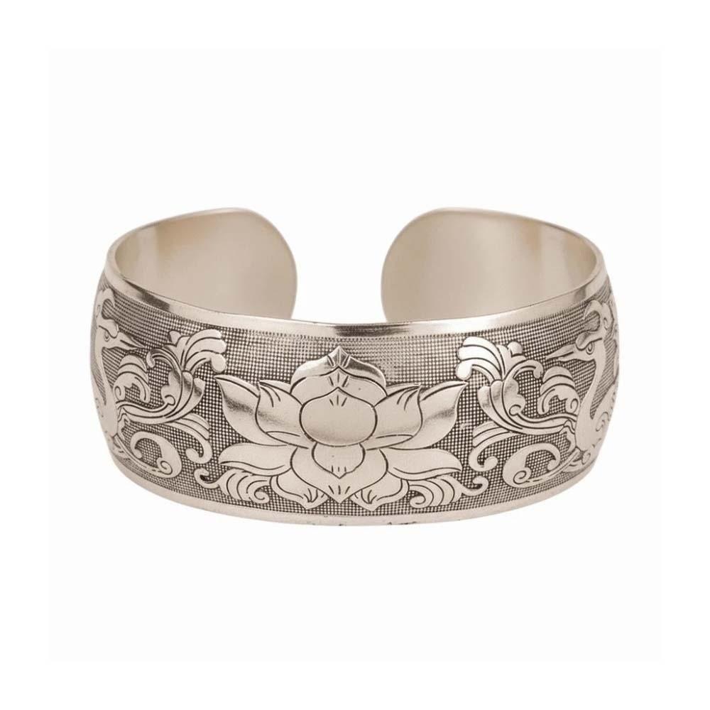 Lotus Silver Opening Bangle Vintage Thai Wrist Jewelry Carved Wide Bracelet Party