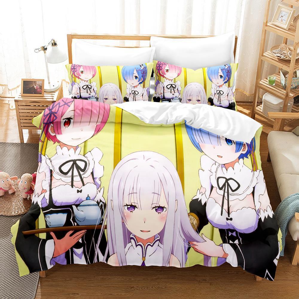 New Re Zero Rem Ram Bedding Set 3d Print Kawaii Cartoon Anime Three-piece Set Adult Kid Bedroom Duvet Cover Sets Home Textiles