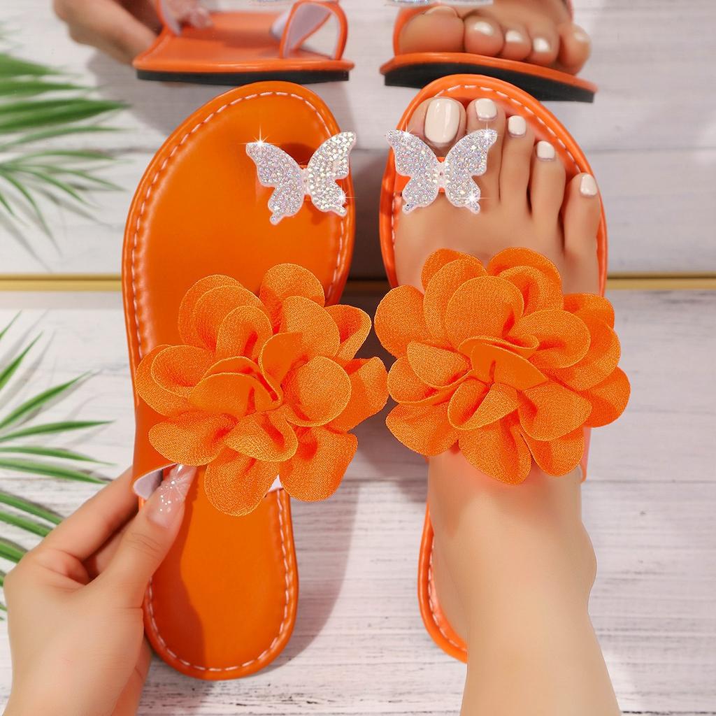 Foreign trade flower pinch foot flip-flops women wear beach flat women's shoes 2025 new European and American fashion