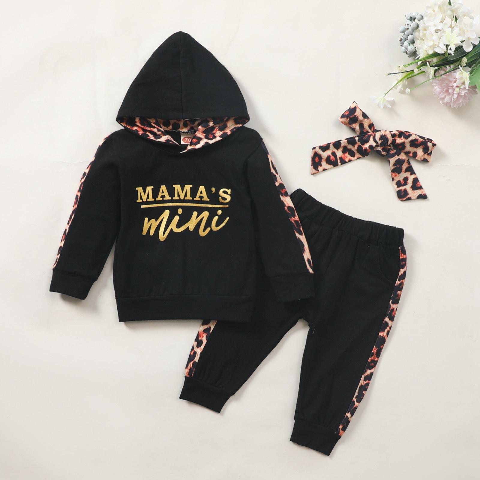 

Брючный костюм с длинными рукавами для маленьких девочек, футболка с капюшоном, леопардовые брюки, повязка на голову, одежда из 3 предметов, весна-осень XL чёрный