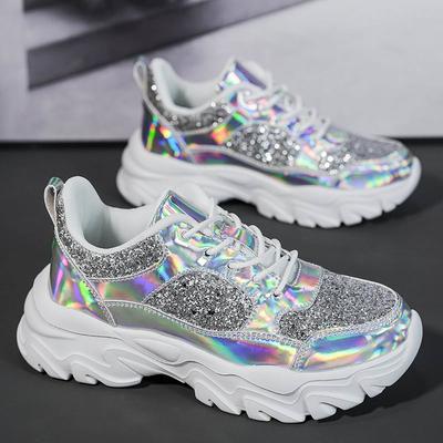 Tênis plataforma com lantejoulas, sapatos baixos plataforma femininos, sapatos brancos, tênis casuais femininos, tênis chunky para meninas