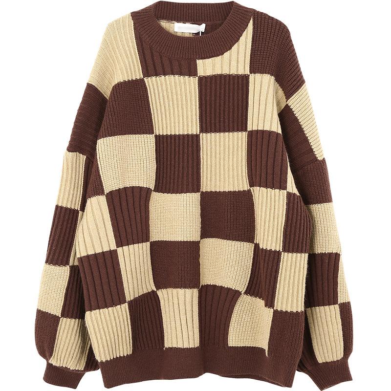 Comfortable Versatile Fashion Checkerboard Check Sweater Female Autumn and Winter Design Niche Top Retro Japanese Lazy Wind Knitwear