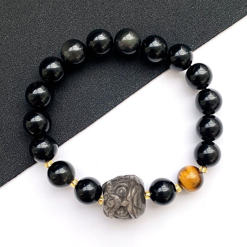 

Original finely carved natural silver obsidian lion bracelet design with yellow tiger eye and rainbow obsidian beads for men and women Bead Diameter10mm