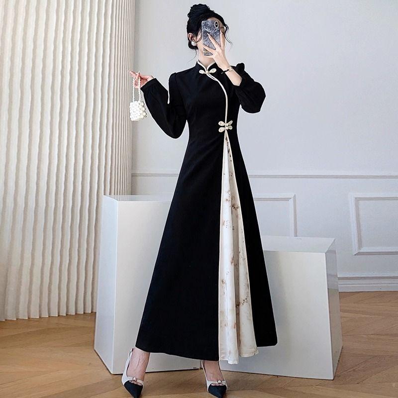 Vår Høst Neo-kinesisk Stil Retro Modifisert Qipao Lang Skjørt Nasjonal Stil High-End Mote Kjole Dameklær