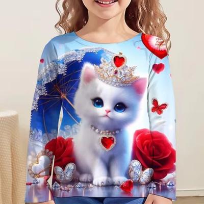 Kinderkleidung Mädchen T-Shirts mit 3D-Katzen-Grafik, Kinderkleidung für Mädchen, Rundhalsausschnitt, Teenager-Kinderkleidung, modisches Kinder-T-Shirt