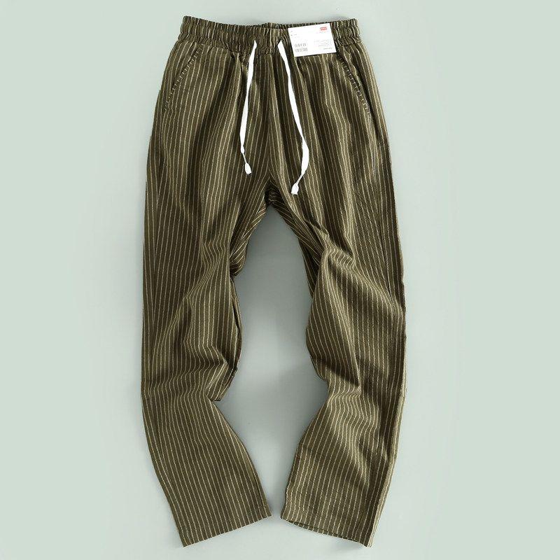 ODM Japanese Style Stripe Long Sleeves Washed Texture Men Loose Thin Section Breathable Casual Pants Elastic Waist Pants Fashionable Goods