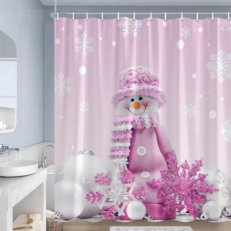 Cute Blue Snowman Christmas Shower Curtains Xmas Gift Winter Forest Cedar Nature Scenery Home Bathroom Decor Bath Curtain Set