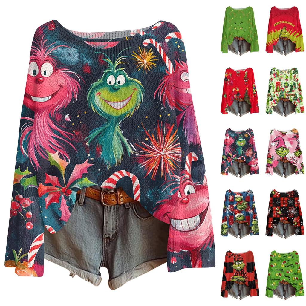 Womens  Fall Sweaters Long Sleeve Print Tops Pullover Sweaters Loose Dressy Casual Basic Clothes