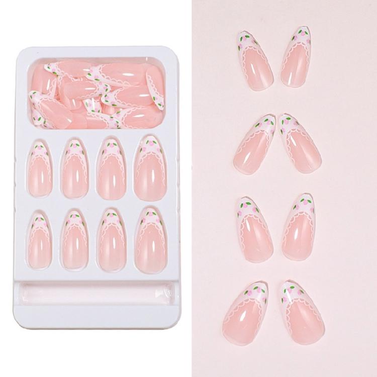 24 Pcs Press On Nail Set Acrylic False Nail With Lace and Flower Designs Nail Accesories Stick On Nail for Daily Wear