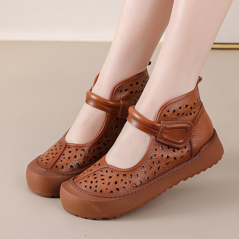 Summer Genuine Leather Sandals Women'S Cutout Ankle Boots Ladies Chic Dressy Shoes Staps Woman Hollow Bootie Mary Jane Sandals