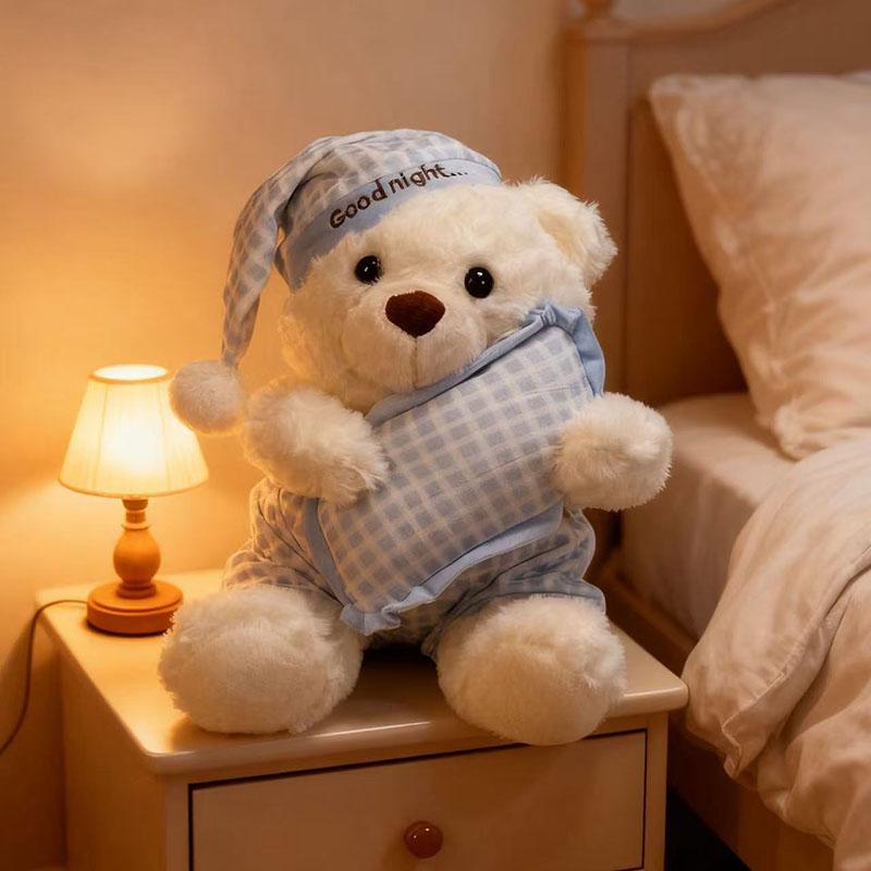 Orsacchiotto di Peluche Carino Buonanotte Orso Bianco Soffice Animale di Peluche Con Cuscino Pigiama E Berretto da Notte Bambola Orsacchiotto Kawaii