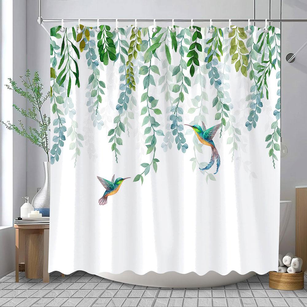 Tropische Grüne Blätter Pflanze auf Weißem Hintergrund Geruchslose Duschvorhänge für Badezimmerduschen und Badewannendekor mit Haken