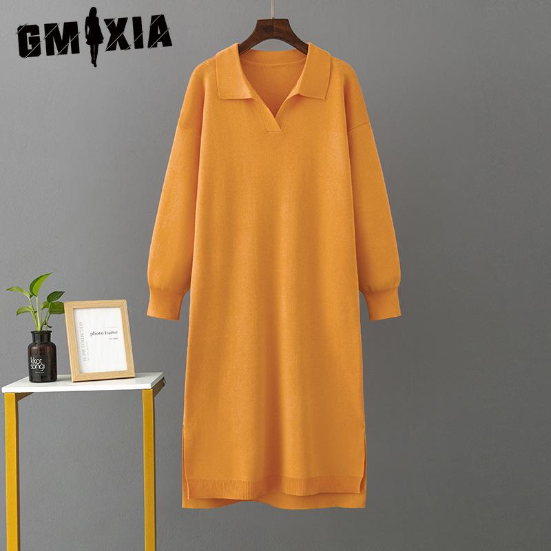 GMXIA Women's Autumn Winter Knitted Loose Large Solid Color Polo Collar Dresses with Lining