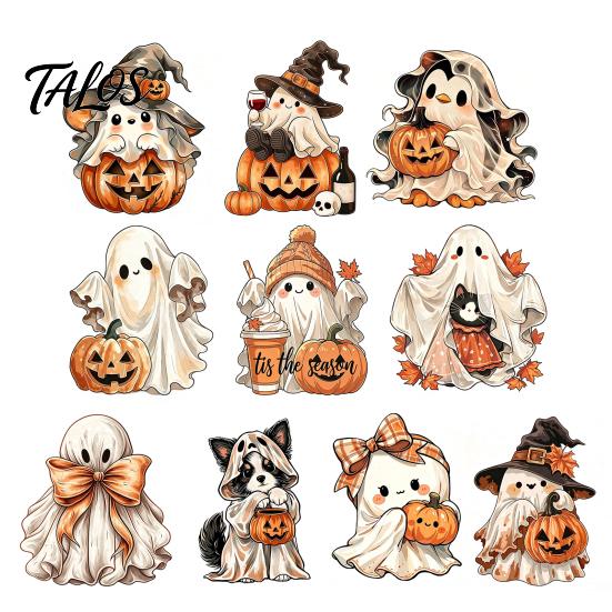 Halloween Party Supplies Wooden Ghost Ornament with Pumpkin Pattern, Double Sided Desktop Decoration, Spooky Tiered Tray Decor Decor, Wood Tabletop
