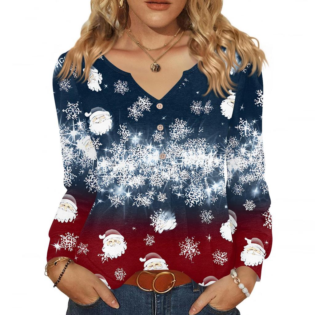 Women's Fashionable Casual V-neck Blouse Button Christmas Printed Long-sleeved Pullover T-shirt Top