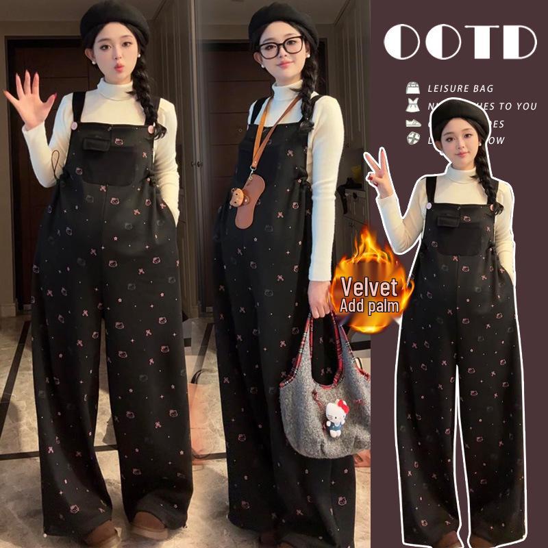 2025 Premium Knit Base Layer Cartoon Maternity Velvet Overalls Set Extra Large
