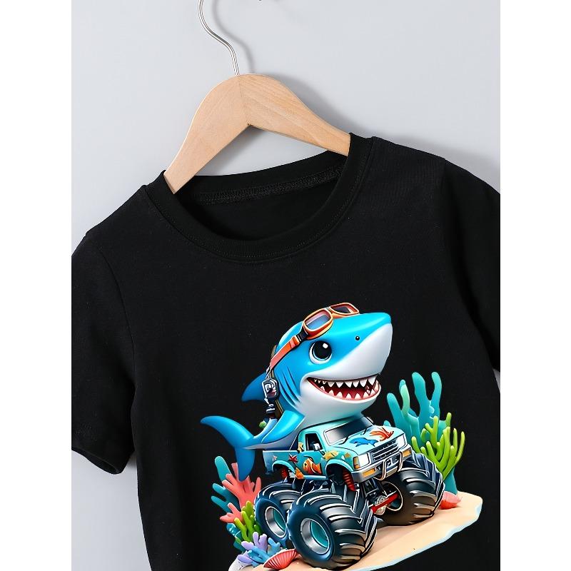 Kids Summer Short-Sleeve T-Shirt with a 'Shark Driving' Print