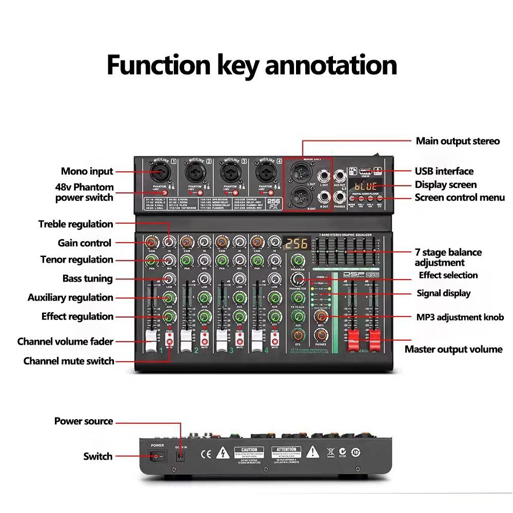 256DSP 4/6 Channel 16 Digital Reverberation Mixer Outdoor USB Sound Card Home KTV Bluetooth Audio System Professional Mixer