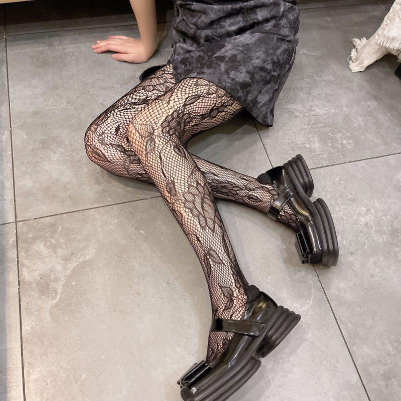 Retro Floral Lace Diamond Pattern Hollow-Out Vertical Stripe Stockings - Anti-Snag, Summer-Thin for Women