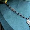Retro Gothic Filigree Four-petal Flower Waterdrop Black Crystal Pendant Necklace for Women Halloween Party Cosplay Jewelry Gift