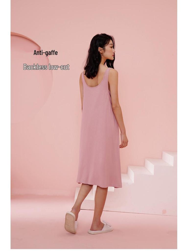 Women's Modal Sleeveless Nightgown with Chest Pad - Spaghetti Strap, Over-Knee Length, Sexy Summer Sleepwear