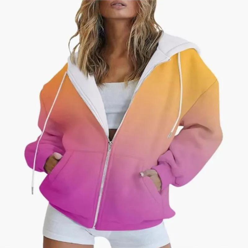 Sweat à capuche zippé manches longues décontracté pour femme Nouveaux hauts automne Dégradé Impression 3D Lâche Mode Sweat à capuche de sport Manteau femme
