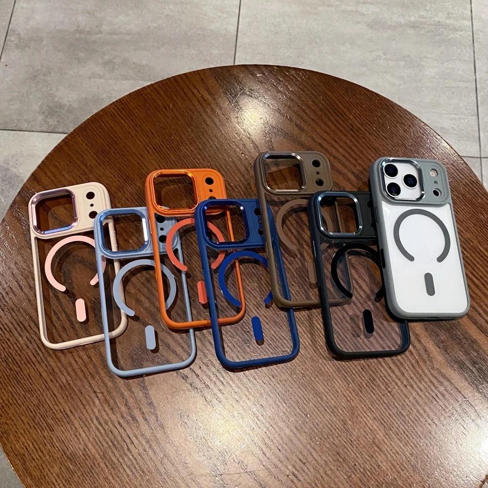 Transparent for Magsafe Armor Case for iPhone 17 16 15 14 13 Pro Max Plus 17 Air Magnetic Acrylic Metal Lens Shockproof Cover
