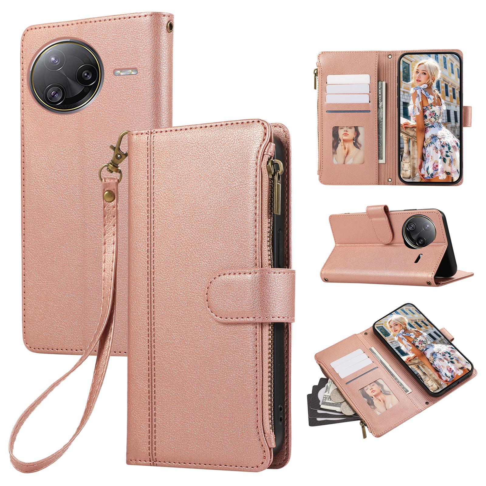 

Для Xiaomi Redmi K80 Pro 5G/Poco F7 Ultra 5G Чехол Слоты для нескольких карт Молния Кожаный чехол для телефона с ремешком на запястье Rose Gold