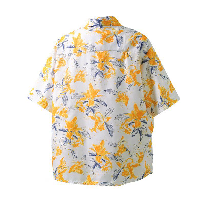 Men's Yellow Floral Print Ice Silk Vacation Shirt - Short Sleeve, Loose Casual Style