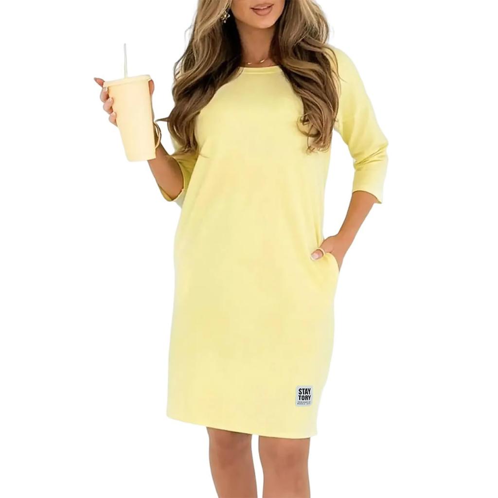 Γυναικείο Μοντέρνο Μονόχρωμο Φόρεμα με Στρογγυλή Λαιμόκοψη, Άνετη Γραμμή