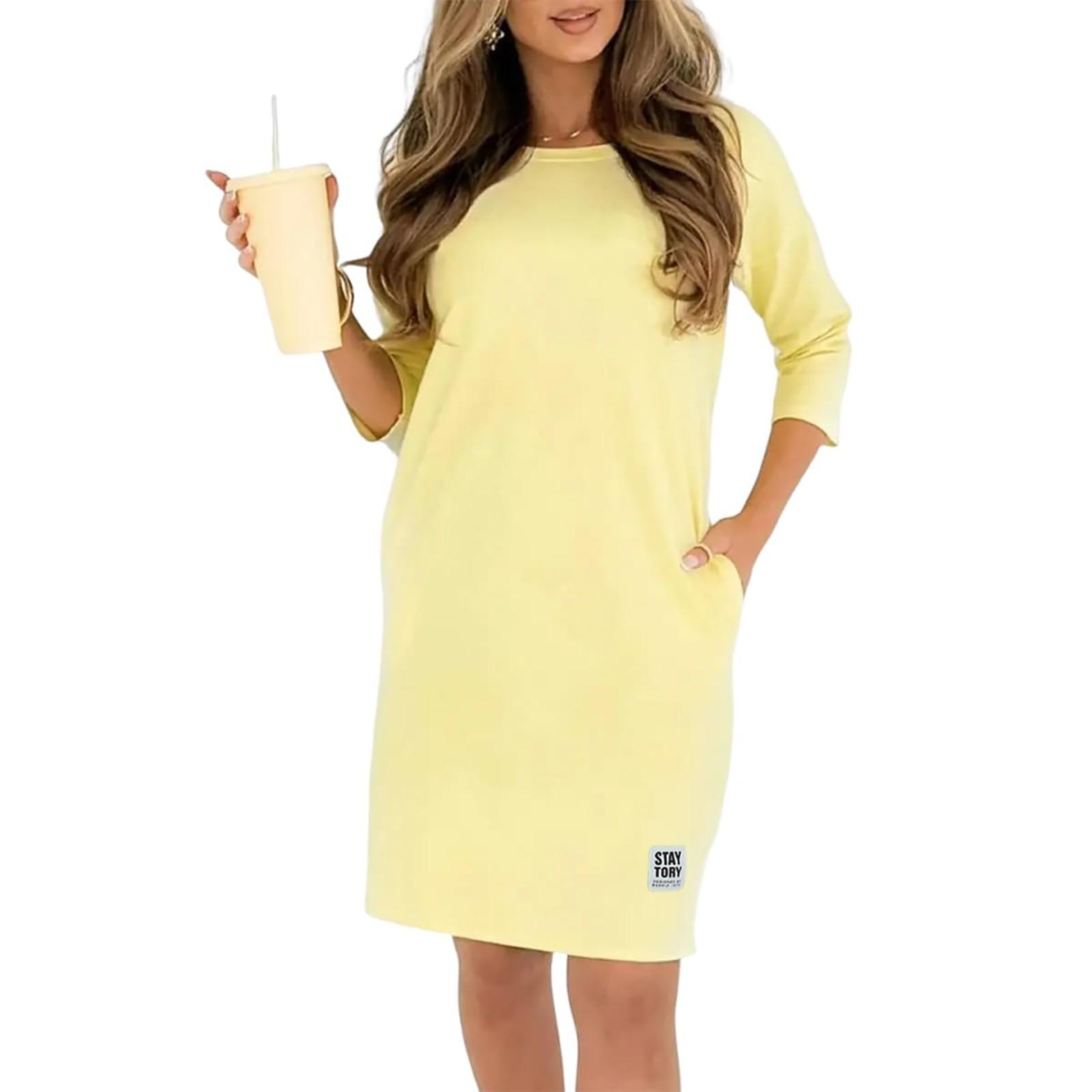 

Женское модное однотонное платье с круглым вырезом, свободного кроя, в стиле кэжуал XL жёлтый