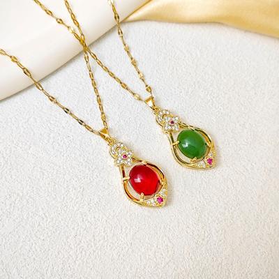 Retro Chic Titanium Steel Necklace: Luxury Gemstone Gourd Pendant for Women