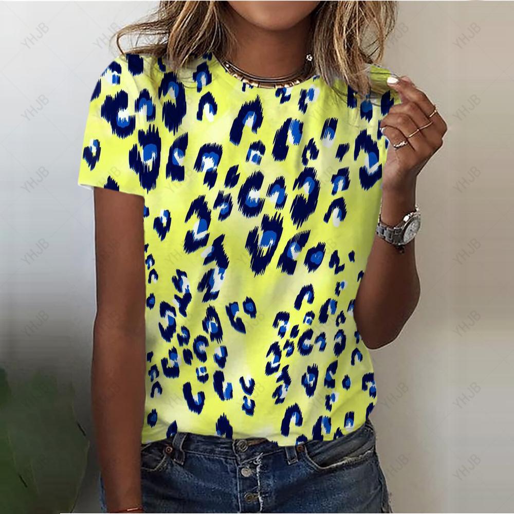 Sexy T-shirt for Women, Fashionable Leopard Print Casual Shorts, Girls Sleeve T-shirt, Beautiful Street T-shirts, Round Neck T-shirt for Women